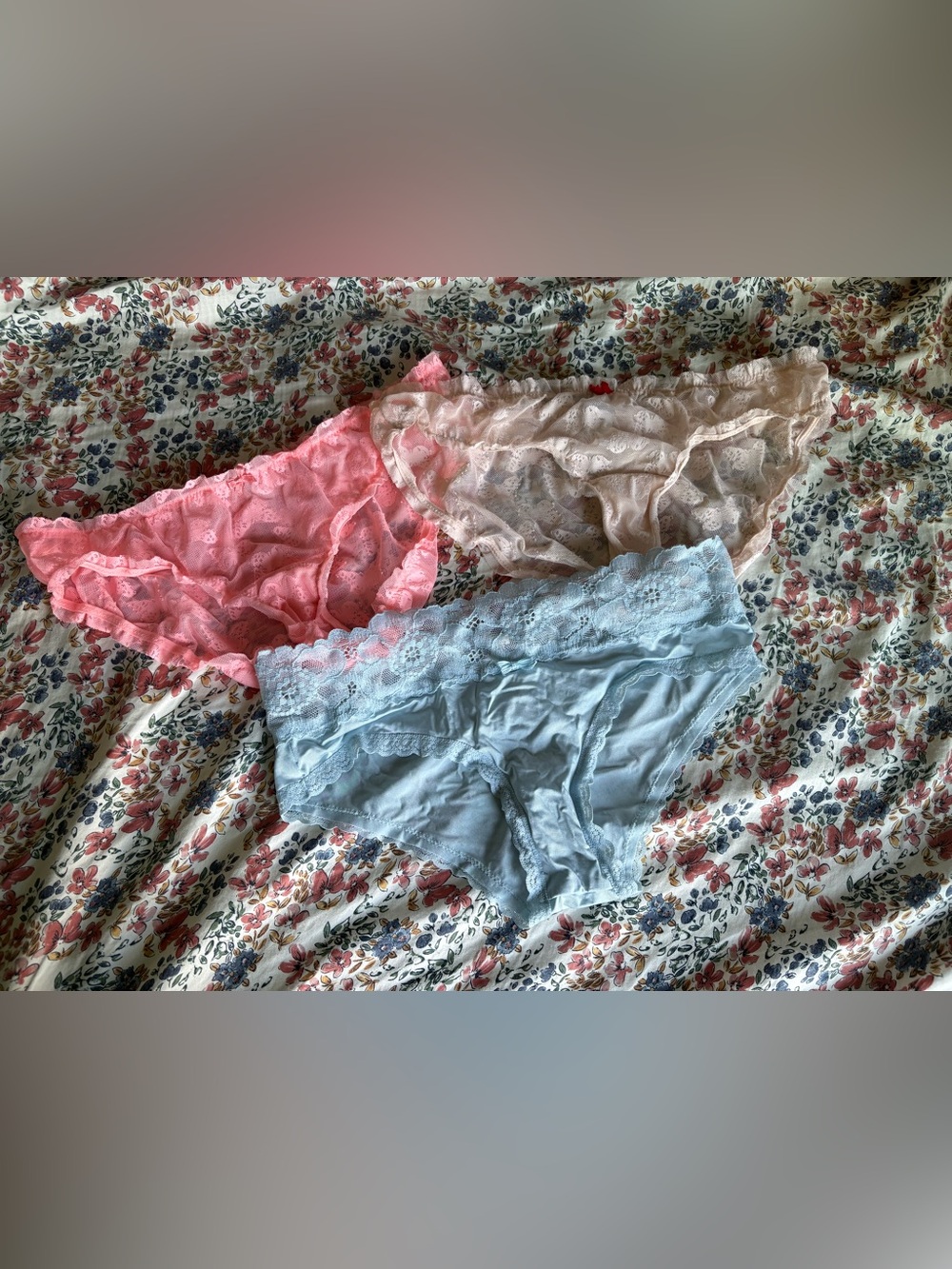 aerie Lace Bikini Panty Trio in Pink, Cream & Light Blue
